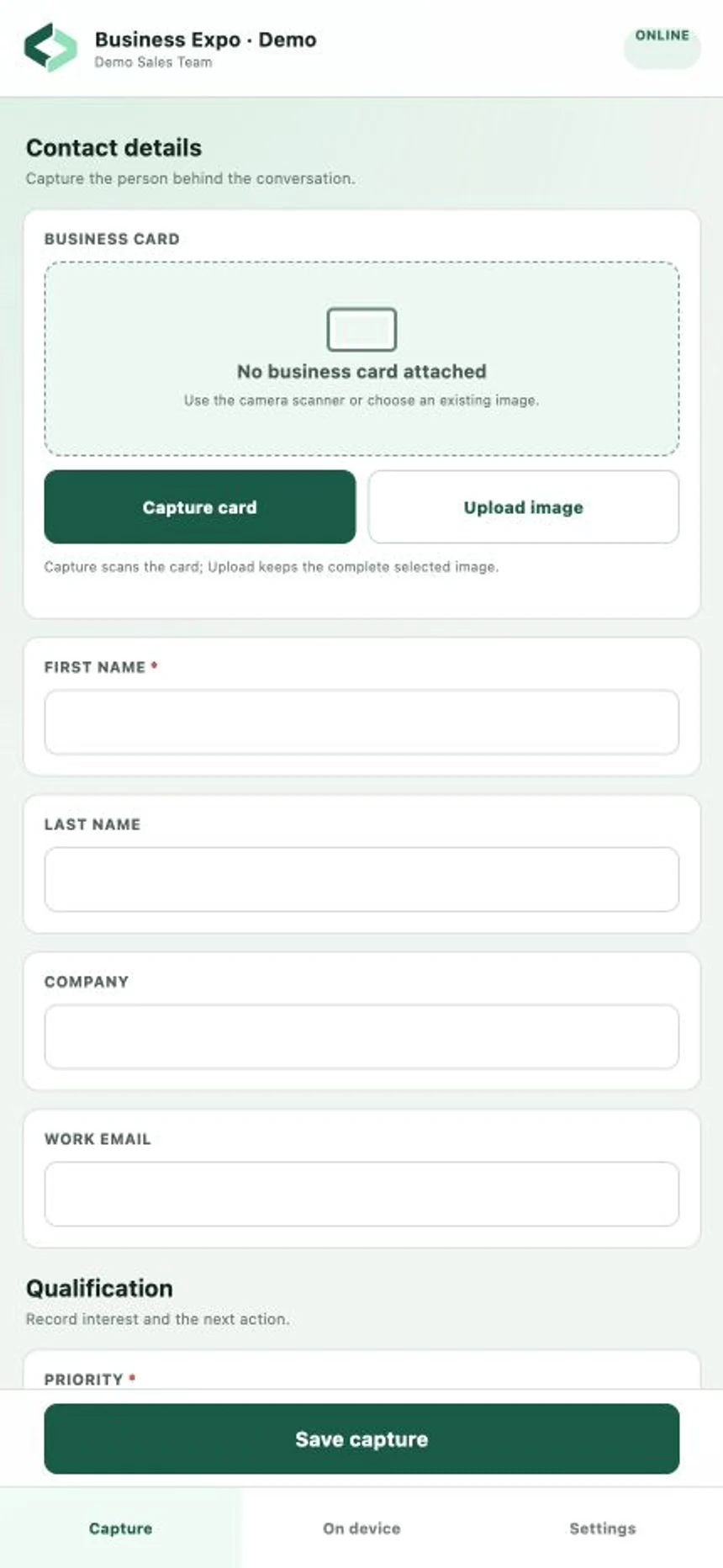 Cam-Sales mobile event form showing offline status, camera capture, and contact details
