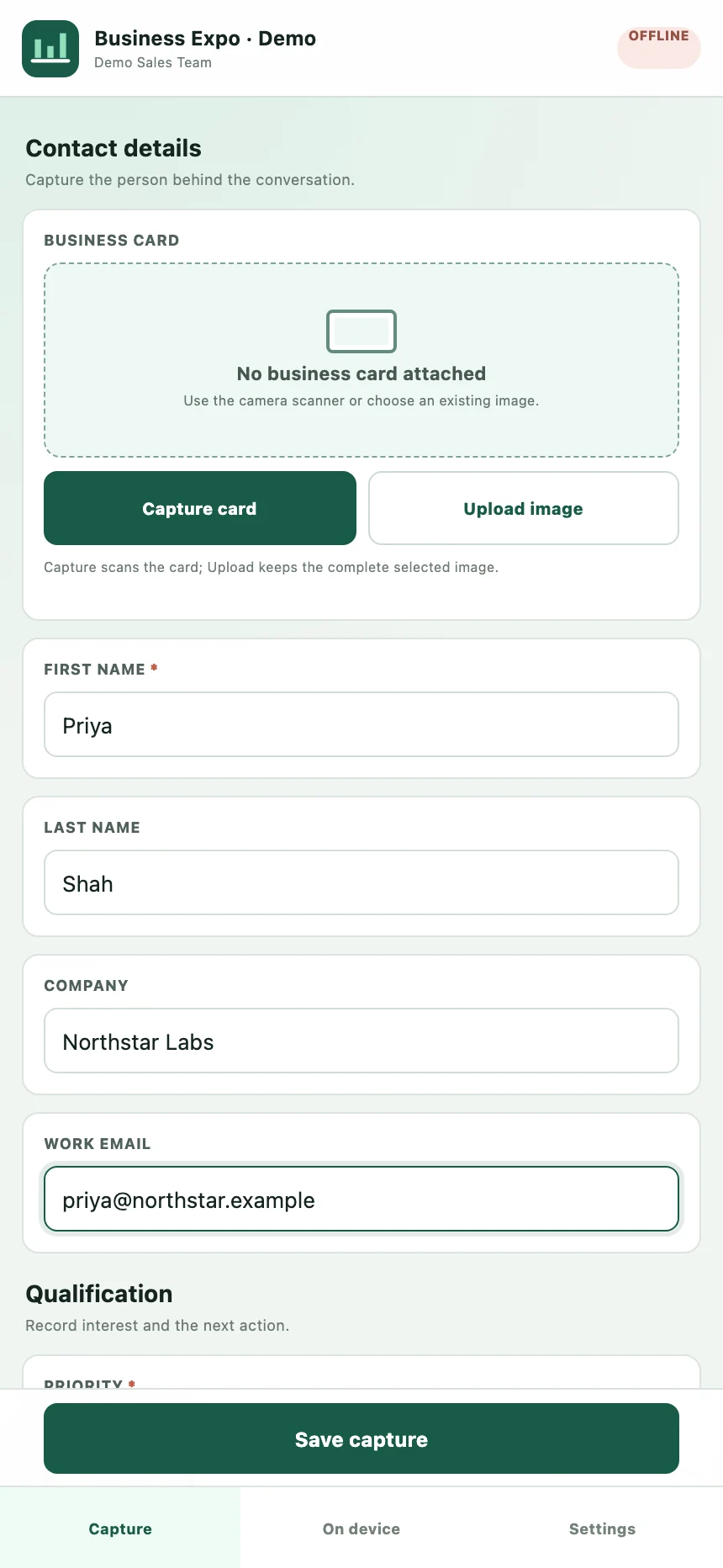 CamSales mobile event form showing offline status, camera capture, and contact details